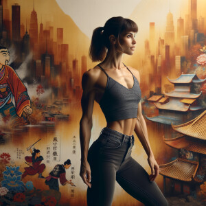 Athletic Thin skinny Attractive, Asian teenage girl, long brown hair and bangs, wearing tight skinny jeans and a halter top paint marks on her clothing, heroic pose Asian graffiti background, side view