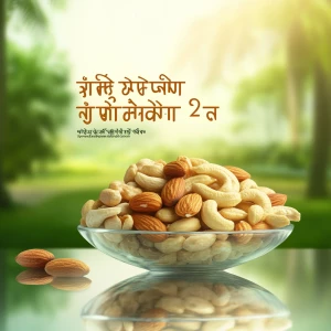 Create an image featuring a bowl of assorted nuts on a reflective surface. The background should be blurred with greenery, similar to a garden setting. Include text in Bengali that translates to 'Are you enjoying nuts?' and incorporate a logo indicating the product is from City Group. Ensure the overall color scheme and composition are attractive and inviting, similar to a refreshing and healthy lifestyle advertisement