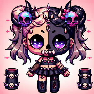 vividly detailed kawaii style demonic chucky with half skull fac...