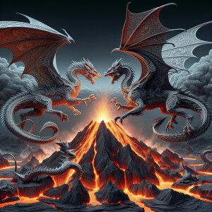 A pair of dragons doing battle in front of and erupting volcano