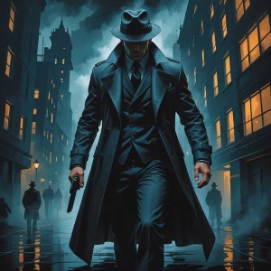 In the depths of a shadowy cityscape, a mysterious figure clad i...