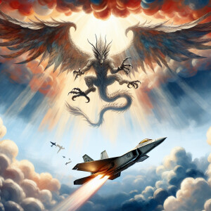 Winged Dragon Falling from the sky as a F22 fighter jets dives t...