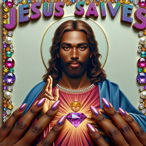 A 3D realistic artwork featuring the phrase 'Jesus Saves' adorne...
