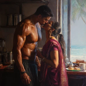Hyperrealism painting.a muscular sweaty indian man standing an...
