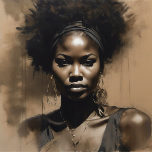 Create a stunning portrait of an Afrocentric woman embodying hum...