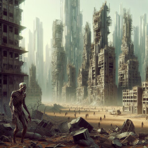 Futuristic city in ruins, a close up view of a zombie walking th...