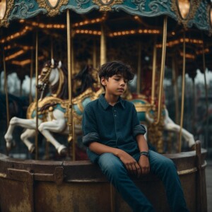A boy with dark hair sits unconscious on an old abandoned carous...