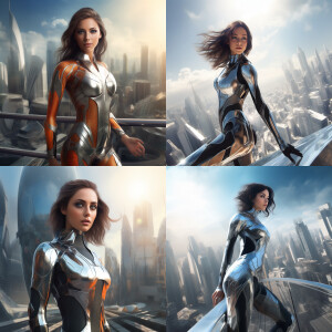 Beautiful young girl in chrome leotard in futuristic city