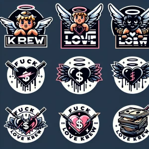 Create 10 
Circular logos for 'FUCK LOVE KREW' with  black, brok...