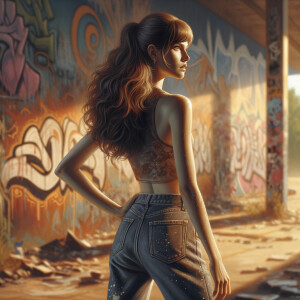 Athletic Thin skinny Attractive, Asian teenage girl, long brown hair and bangs, wearing tight skinny jeans and a halter top paint marks on her clothing, heroic pose Asian graffiti background, backside view