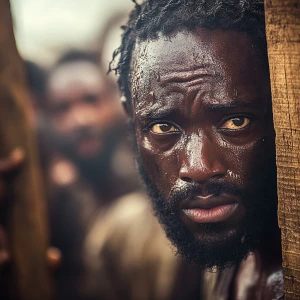 A close-up, gritty cinematic shot of African Jesus's face, etche...