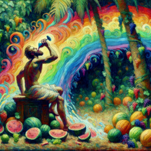 He drinking glass filled with rainbow swirl fluid, sitting on a...