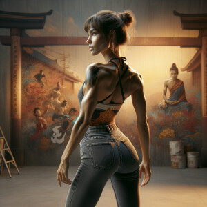 Athletic Thin skinny Attractive, Asian teenage girl, long brown hair and bangs, wearing tight skinny jeans and a halter top paint marks on her clothing, heroic pose Asian graffiti background, backside view