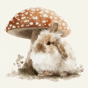 Soft fluffy rabbit under spotted mushroom, gentle watercolor tex...