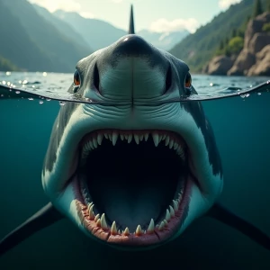 Ultra-realistic, dramatic frontal view of a massive shark with its jaws wide open, revealing rows of razor-sharp teeth. The camera is half-submerged, perfectly splitting the image—above the waterline, the sharks’s intense, piercing eyes stare directly ahead, with water droplets on its rough, scaly skin. Below the waterline, its powerful open mouth is fully visible, showing sharp teeth and a dark throat, with tiny air bubbles escaping. The waterline is sharply defined, creating a split view of the murky underwater world and the bright, natural  scenery above. Sunlight refracts through the water, casting a cinematic glow. Highly detailed, National Geographic photography style, 8K resolution, hyper-realistic textures, dramatic lighting, intense and suspenseful atmosphere."