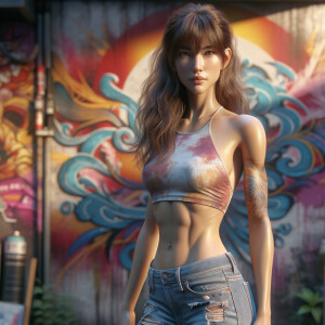 Athletic Thin skinny Attractive, Asian teenage girl, long brown hair and bangs, wearing tight skinny jeans and a halter top paint marks on her clothing, heroic pose Asian graffiti background, side view