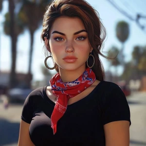 Lucia from GTA, not a very cute girl with brown hair, thick eyeb...