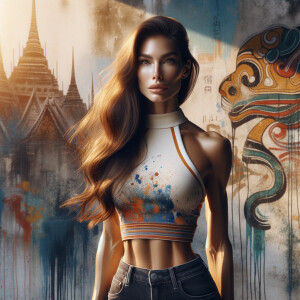 Athletic Thin skinny Attractive, Asian teenage girl, long brown hair and bangs, wearing tight skinny jeans and a halter top paint marks on her clothing, heroic pose Asian graffiti background, backside view