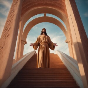 Imagine the serene image of Jesus standing at the top of a heave...
