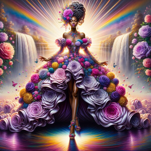 Remix Prompt
S/O Jackie Torres
S/O Panda Locke

create a animated style hyper realistic airbrush whimsical oil painting of a light African American woman wearing a flawless beautiful purple, pink, and gold blossom dress long flowing with colorful flowers and ruffles on the dress colorful jewelry made of flowers she has long black dreadlocks in a bun a colorful rose in her hair her peep toe shoes is matching her dress behind her is a beautiful waterfall liquid glowing lights beautiful colorful rainbow surrounded by beautiful roses.