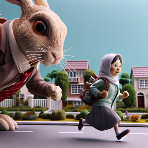 a giant rabbit runs after a school girl