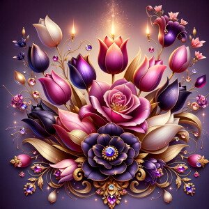 Create a vibrant digital artwork depicting a lush bouquet of sty...