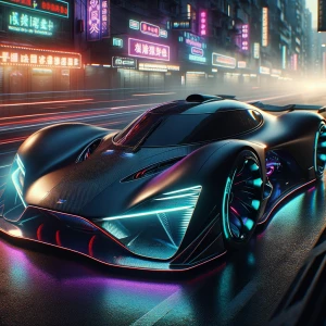 A sleek, obsidian-black futuristic hypercar, sculpted with aerod...