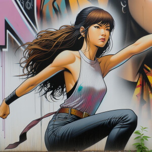 teenage girl, long brown hair and bangs, wearing tight skinny jeans and a halter top paint marks on her clothing, heroic pose Asian graffiti background, nearing on one knee