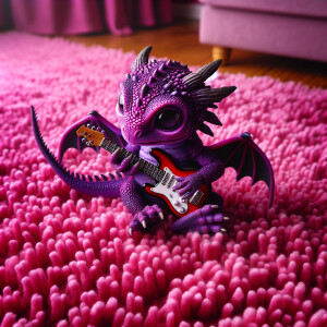 A purple baby dragon playing the electric guitar on a pink shag...