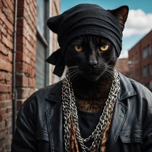 Black Cat in the inner city dressed as a thug with a do-rag