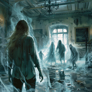 AI Image: Sarah facing a group of ghostly apparitions, with the...