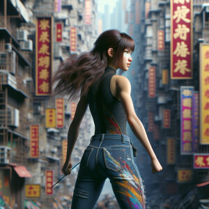 Athletic Thin skinny Attractive, Asian teenage girl, long brown hair and bangs, wearing tight skinny jeans and a halter top paint marks on her clothing, heroic pose Asian graffiti background, backside view