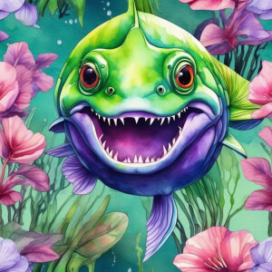 Cute giant purple and neon green piranha