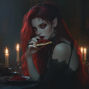 In a dimly lit, candle-filled chamber, a captivating female vamp...