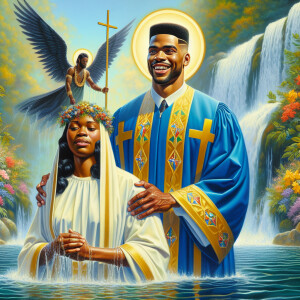 An oil painting depicting a light-skinned African-American pasto...