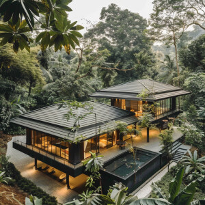 Top distantly viewed pictures of two Kerala sloping roof with on...