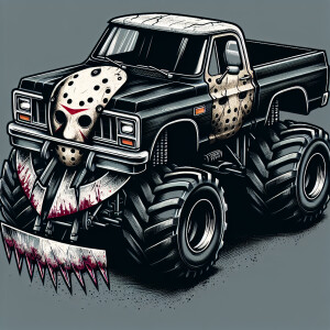 Design a monster truck influenced by Jason Voorhees, featuring t...