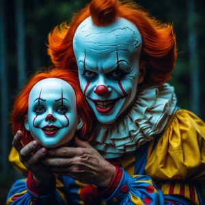 Sinister clown that strongly resembles pennywise is holding a li...