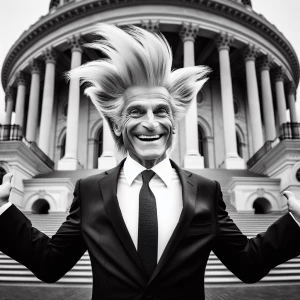 Donald Trump grinning, arms outstretched to his sides, standing...