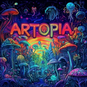 A hyper-detailed psychedelic vertical landscape of a surreal, mi...