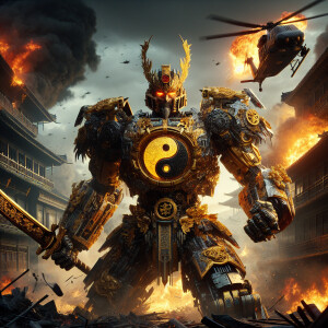 China as a transformer character, adorned with yin yang emblem,...