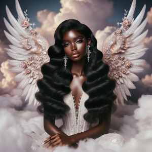 "Depict a light-skinned African-American Hawaiian angel with an...