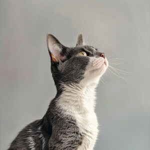 A gray and white cat looking up at the viewer with its tail wrap...