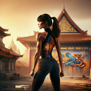 Athletic Thin skinny Attractive, Asian teenage girl, long brown hair and bangs, wearing tight skinny jeans and a halter top paint marks on her clothing, heroic pose Asian graffiti background, backside view