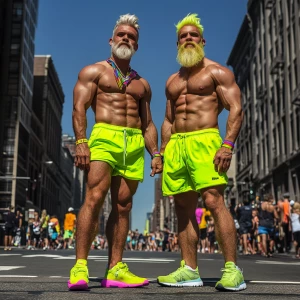 Bodybuilder men with blonde hair and beards wearing neon green s...