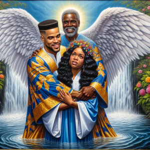An oil painting depicting a light-skinned African-American pasto...