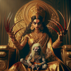 portrait of extremely angry looking goddess durga sitting on a gold crown and carrying a weak mahishasur on her lap and poking him with her amazingly long red fingernails. She is wearing gold armor, a huge gold crown, gold saree, abundant  gold jewelry, covered in blood. The scene is set in ancient India. The image is 8K resolution, cinematic, photography, ultra detailed face and epic.