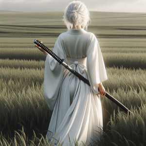 Seorang wanita memakai gaun putih rambut putih memegang katana,d...