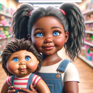 Create a 3-D realistic image of an African-American little girl above the age of five she has huge, blue eyes and thick long ponytails.
She is in a toy store and she is playing with her favorite african-American Cabbage Patch doll , the doll has deep, dimples and freckles