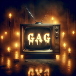 Eerie scene of a tube tv with the word “GAG” on the screen